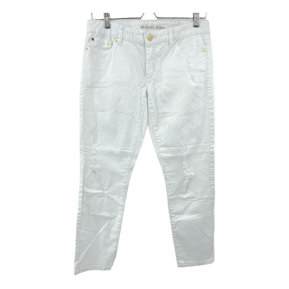 Michael Kors US 4 Womens White Distressed Low Rise Izzy Cropped Skinny Jeans - Picture 1 of 14